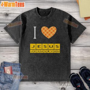 Washed t-shirt featuring 'I Heart Jesus and Jesus Loves You' design, perfect for expressing faith and love.
