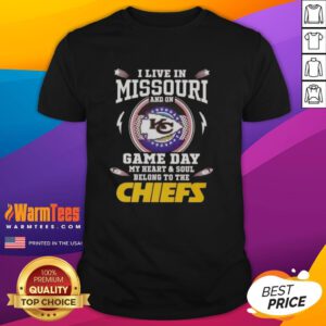 Missouri fan wearing a Kansas City Chiefs T-shirt on game day, showcasing team spirit and pride.