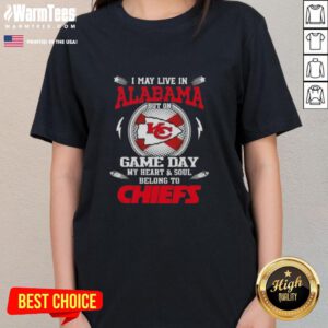 Womens Kansas City Chiefs tee with 'I may live in Alabama, but my heart belongs to KC' design for game day.