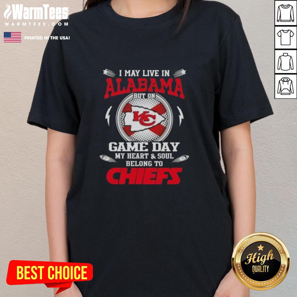 Womens Kansas City Chiefs tee with 'I may live in Alabama, but my heart belongs to KC' design for game day.