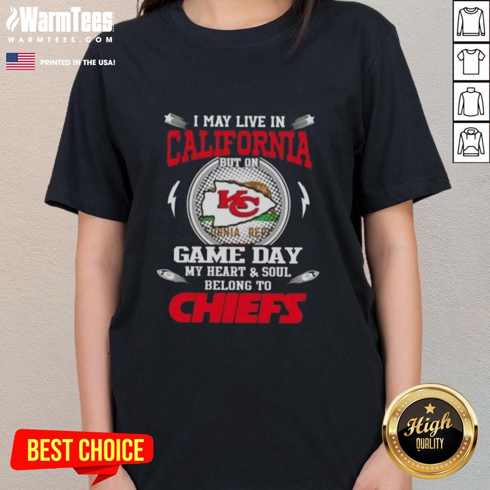 Womens tee featuring 'My Heart and Soul Belongs to Kansas City Chiefs' design, perfect for game day in California.