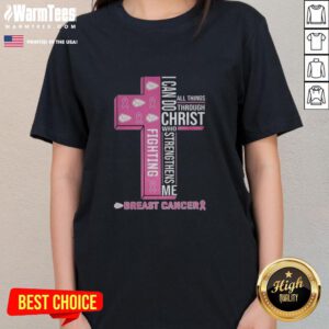 Nice Kansas City Chiefs ladies tee with 'I Can Do All Things Through Christ' design supporting breast cancer awareness.