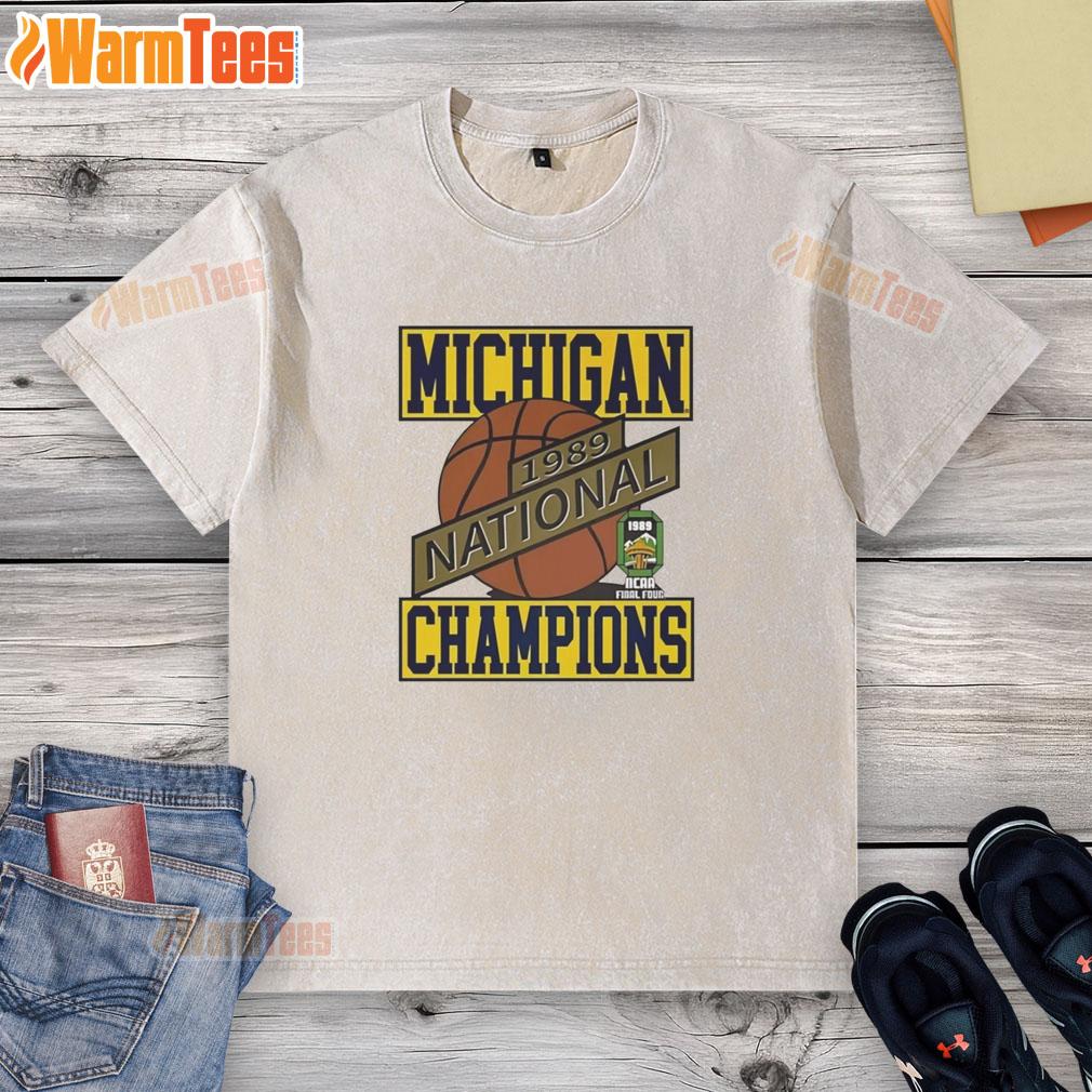 Alt Text: 1989 National Champions Michigan Wolverines Basketball washed t-shirt showcasing team spirit and vintage style.