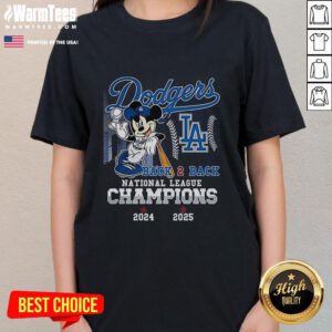 Nice Mickey Mouse X Los Angeles Dodgers Back to Back National League Champions 2025 Ladies Tee featuring vibrant graphics.