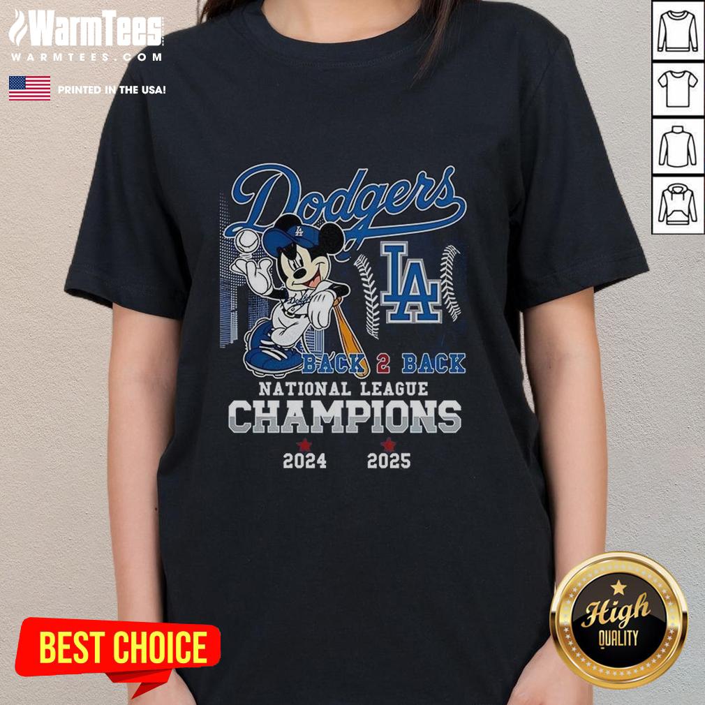 Nice Mickey Mouse X Los Angeles Dodgers Back to Back National League Champions 2025 Ladies Tee featuring vibrant graphics.