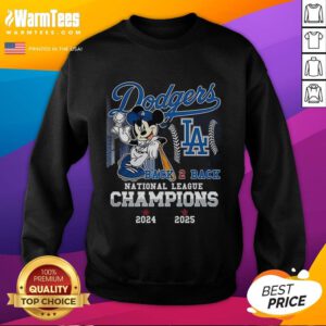 Nice Mickey Mouse X Los Angeles Dodgers back-to-back National League Champions 2025 sweatshirt featuring vibrant graphics.