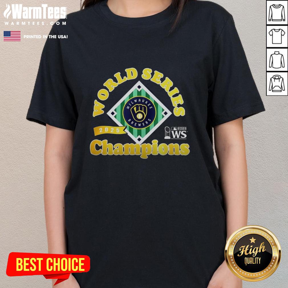 Alt Text: Milwaukee Brewers 2025 World Series Champions trophy logo on a ladies tee, celebrating team pride.