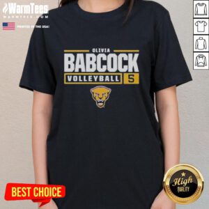 Alt Text: Olivia Babcock, Pitt Panthers volleyball player, wearing a stylish ladies tee during a game on the court.