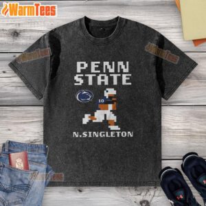 Alt Text: Nicholas Singleton wearing a retro Penn State Nittany Lions football washed t-shirt, showcasing team spirit.