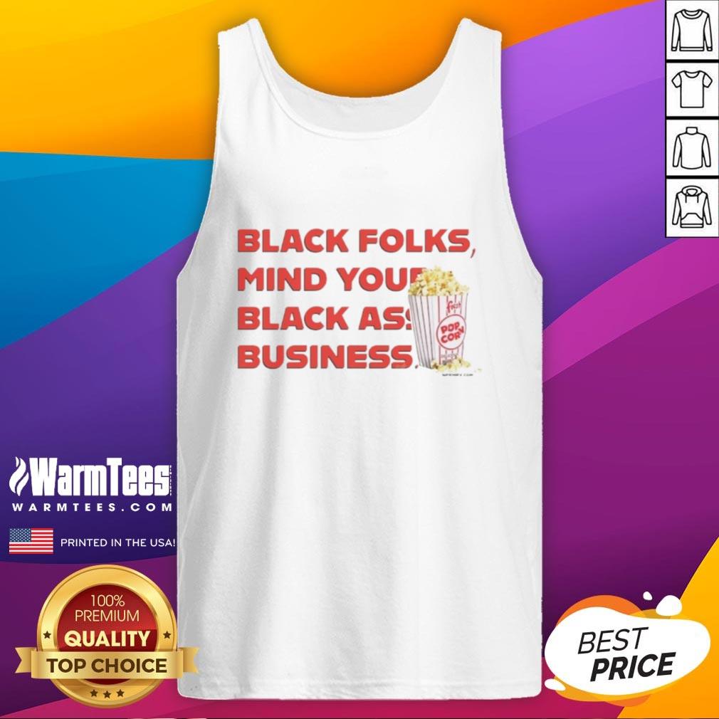 Black Folks Mind Your Black Ass Business Tank Top featuring colorful popcorn design, perfect for casual wear.