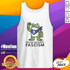 Colorful frog graphic on a tank top promoting anti-fascism in Nice, Portland - 'Frog Against Fascism' design.