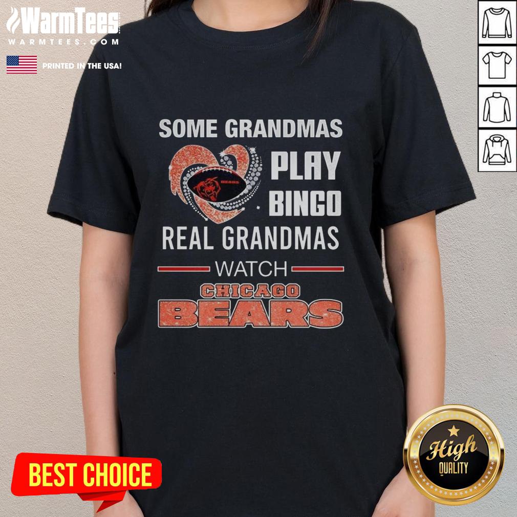 Grandmas enjoying Chicago Bears football in a diamond heart ladies tee, showcasing their love for bingo and the game.