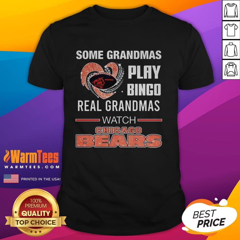 Grandma wearing a 'Real Grandmas Watch Chicago Bears Football' diamond heart t-shirt while playing bingo.