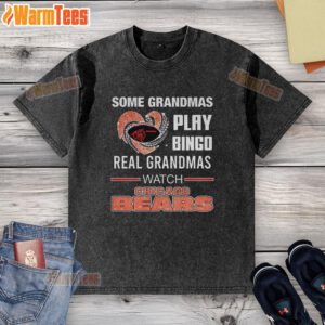 Grandmas enjoying bingo while wearing a stylish Chicago Bears football t-shirt, showcasing love for the team.
