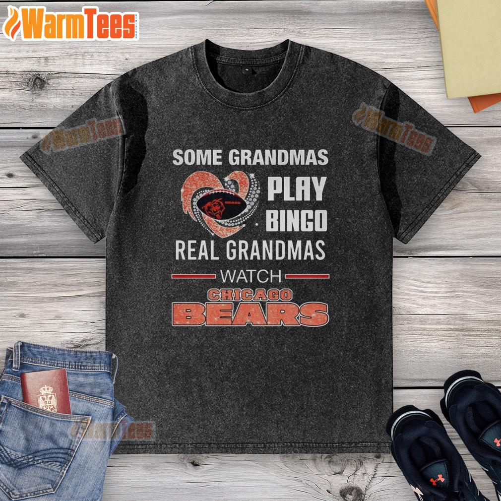 Grandmas enjoying bingo while wearing a stylish Chicago Bears football t-shirt, showcasing love for the team.