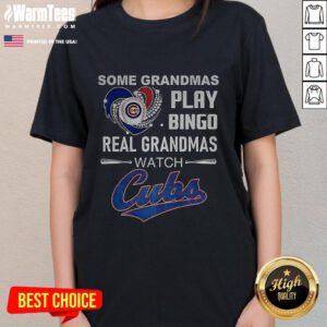 Grandmas enjoying Chicago Cubs baseball in a heart-themed tee while playing bingo at a fun gathering.