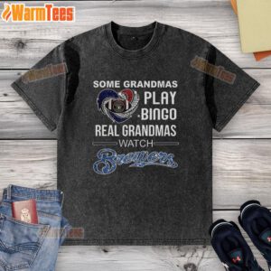 Real grandmas watching Milwaukee Brewers baseball in a heart-washed t-shirt, enjoying a fun day at the game.