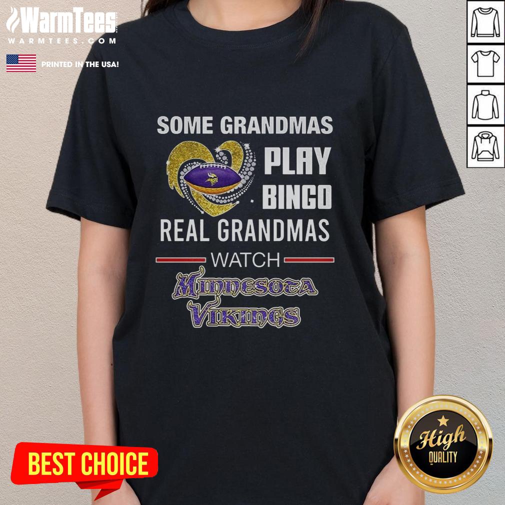 Grandmas enjoying bingo while wearing Minnesota Vikings football tee, showcasing fun and team spirit in a heart design.