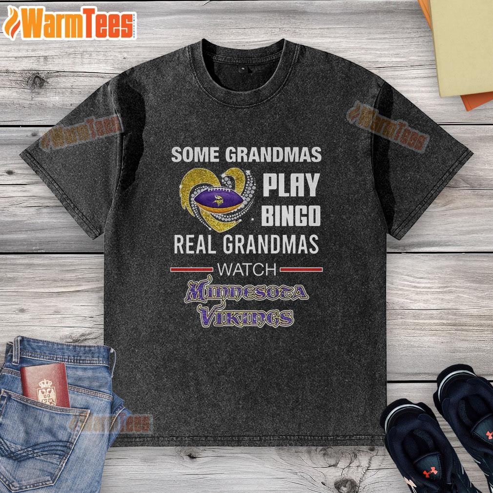 Grandmas enjoying bingo while wearing a Minnesota Vikings football T-shirt with a diamond heart design.