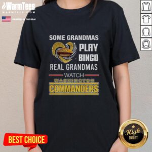 Grandmas enjoying bingo while sporting Washington Commanders football Diamond Heart ladies tee in a cozy setting.