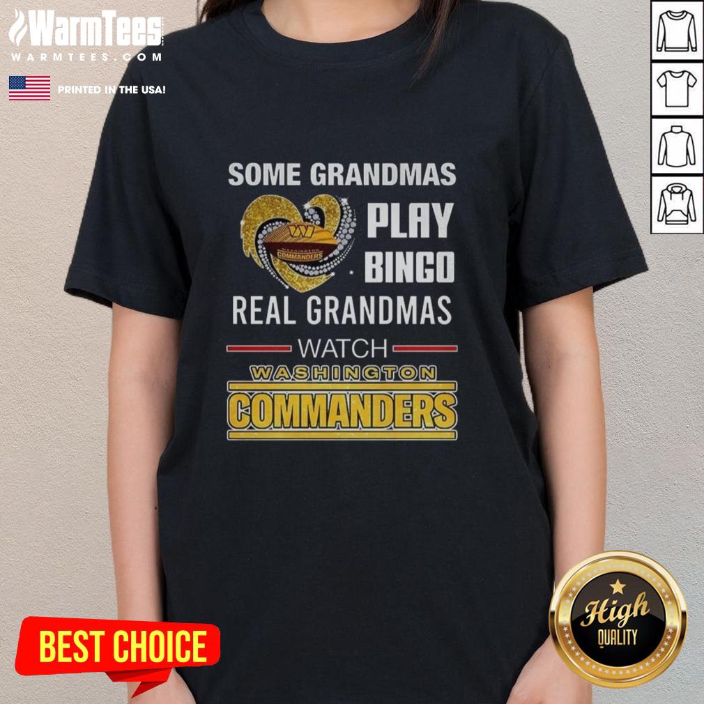 Grandmas enjoying bingo while sporting Washington Commanders football Diamond Heart ladies tee in a cozy setting.
