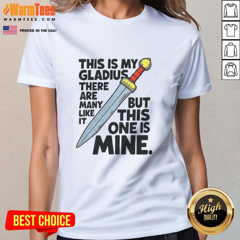 Ladies tee featuring 'This Is My Gladius' design, showcasing a unique sword illustration for sword enthusiasts.