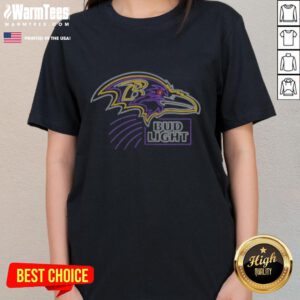 Official Bud Light Baltimore Ravens ladies tee featuring team colors and logo, perfect for game day or casual wear.