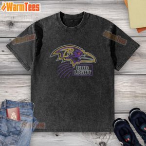 Alt Text: Official Bud Light Baltimore Ravens washed t-shirt featuring team logo in vibrant colors, perfect for fans.