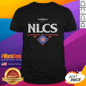 Official Chicago Cubs NLCS 2025 T-Shirt featuring team colors and logo, perfect for celebrating the National League Championship Series.