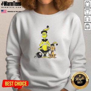 Official Grinch and Max X Pittsburgh Steelers football Christmas sweatshirt featuring festive design and team colors.