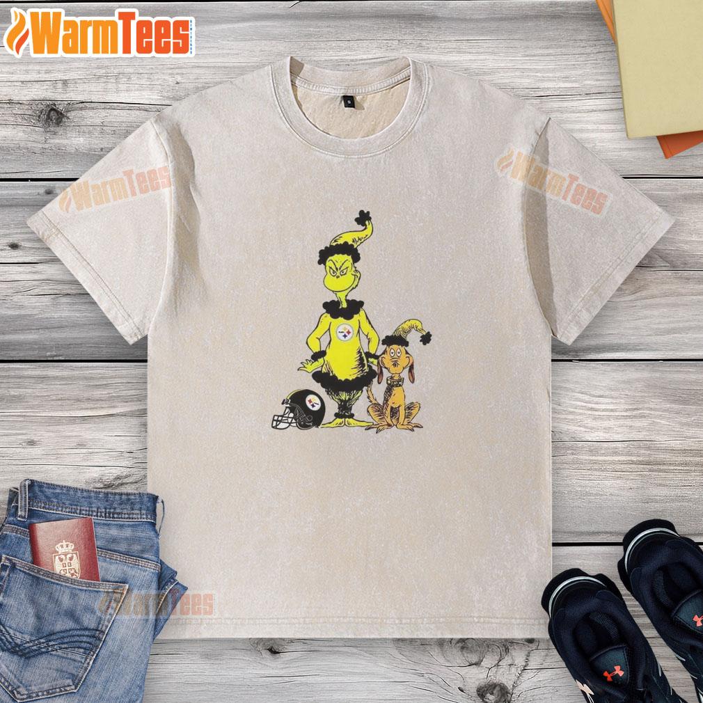 Official Grinch and Max X Pittsburgh Steelers Football Christmas T-Shirt featuring festive design for Steelers fans.