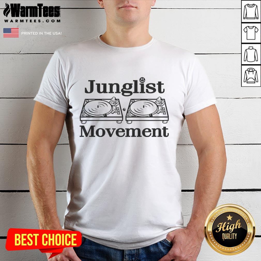 Official Junglist Movement Turntable Retro Shirt T-Shirt featuring vibrant graphics and vintage design, perfect for music lovers.