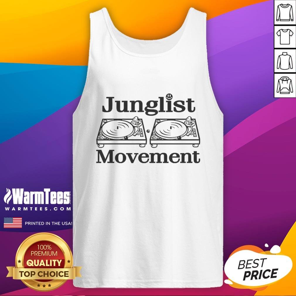 Alt Text: Retro 'Official Junglist Movement' turntable tank top featuring vibrant graphics and a stylish design for music lovers.