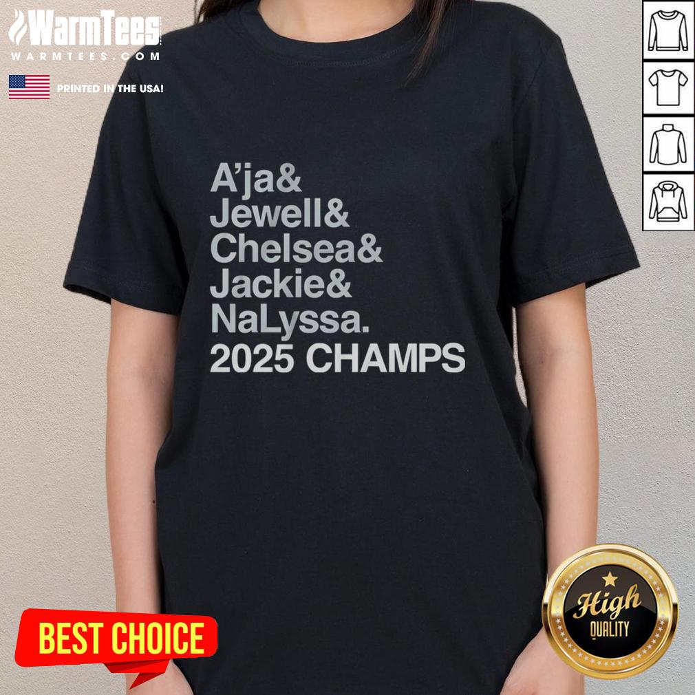 2025 Champs Las Vegas Aces ladies tee featuring A'ja Wilson, Jewell Loyd, Chelsea Gray, Jackie Young, and Nalyssa Smith.