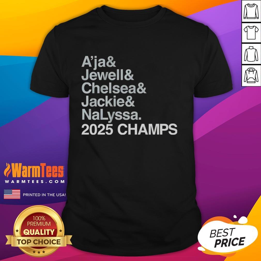 Alt Text: Official Las Vegas Aces 2025 Champs T-Shirt featuring AJa Wilson, Jewell Loyd, Chelsea Gray, Jackie Young, and Nalyssa Smith.