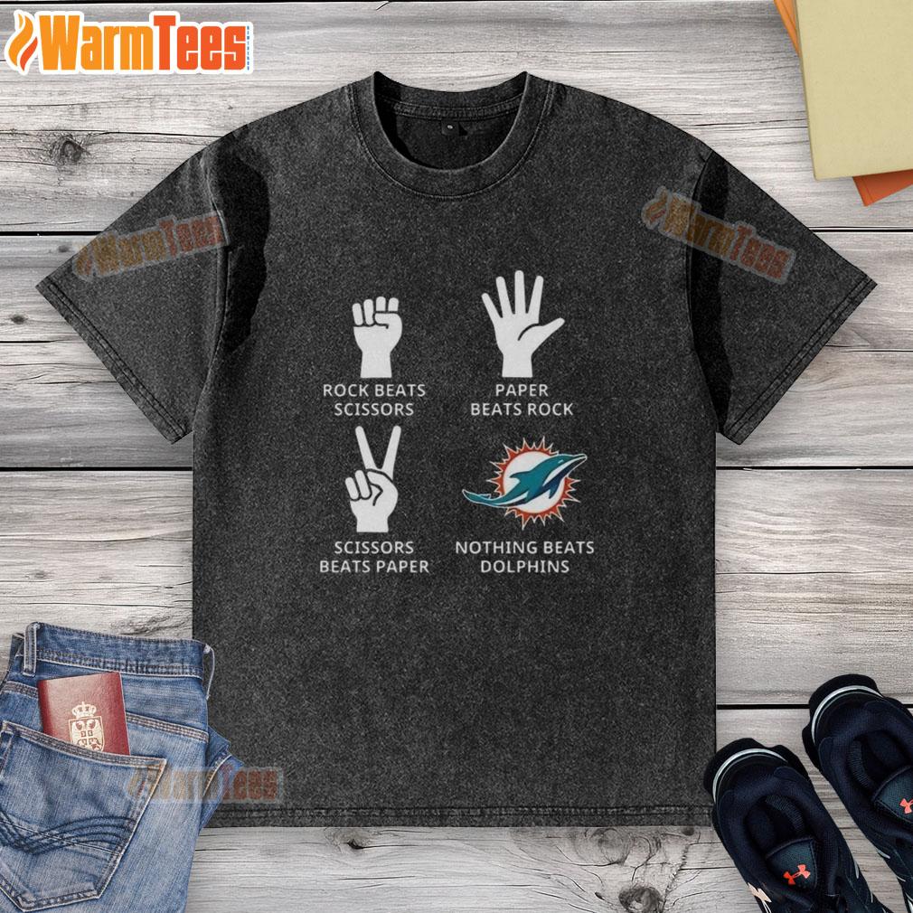 Alt Text: Official Miami Dolphins football logo on a washed t-shirt, perfect for fans and casual wear.