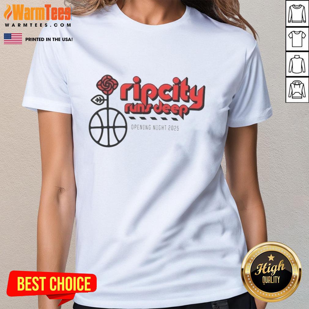 Official Rip City Runs Deep Opening Night 2025 Ladies Tee featuring vibrant design and comfortable fit for fans.