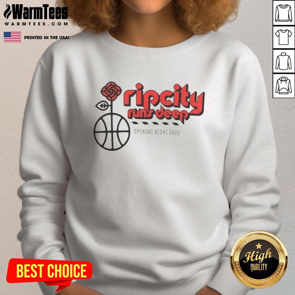 Official Rip City Runs Deep Opening Night 2025 Sweatshirt featuring vibrant team colors and logo for fans.