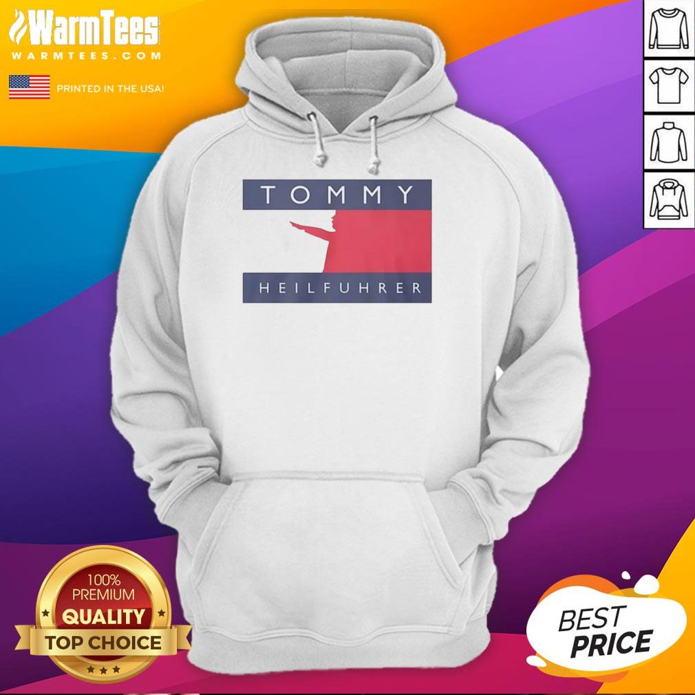 Official Tommy Heilfuhrer logo parody hoodie featuring a unique and humorous design on a stylish garment.