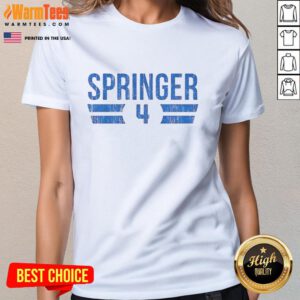 Alt Text: Original George Springer Toronto Blue Jays 2025 Number 4 Ladies Tee showcasing team spirit and style.