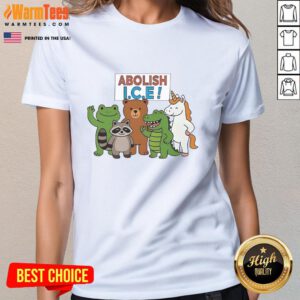 Premium Abolish Ice Frog Unicorn Raccoon Bear Dinosaur Protest Ladies Tee featuring colorful animal designs for activism.