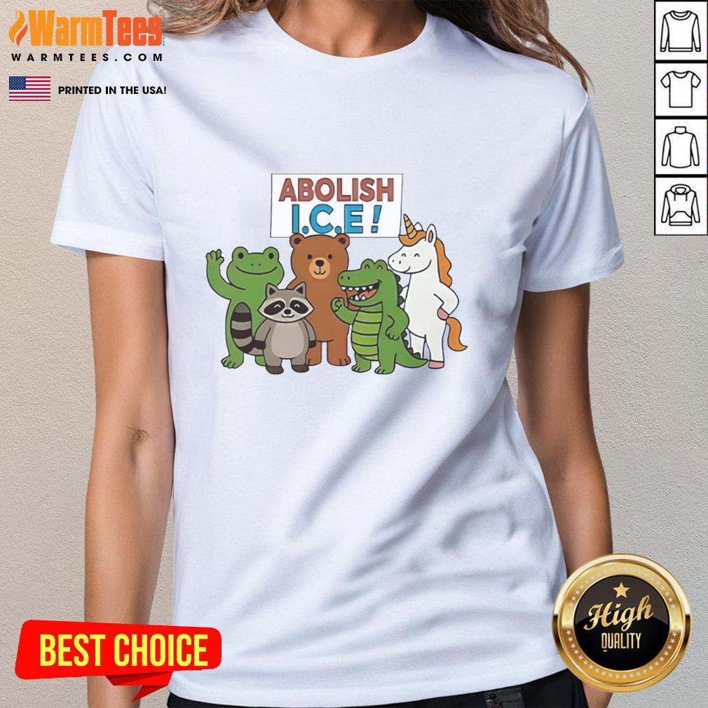 Premium Abolish Ice Frog Unicorn Raccoon Bear Dinosaur Protest Ladies Tee featuring colorful animal designs for activism.