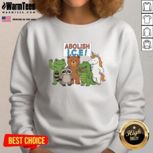 Premium Abolish Ice Protest Sweatshirt featuring a frog, unicorn, raccoon, bear, and dinosaur in a colorful design.
