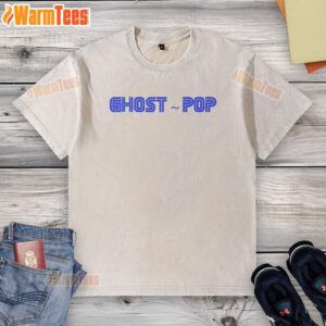 Premium Ghost Pop logo on a stylish washed t-shirt, perfect for casual wear and trendy outfits.