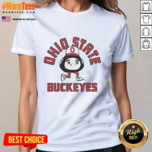 Alt Text: Premium Ohio State Buckeyes Brutus mascot ladies tee showcasing vibrant design for loyal fans.