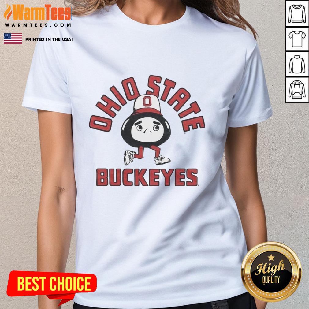 Alt Text: Premium Ohio State Buckeyes Brutus mascot ladies tee showcasing vibrant design for loyal fans.