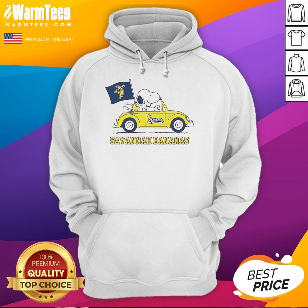 Premium Snoopy and Woodstock hoodie for baseball lovers featuring Peanuts and Savannah Bananas design.