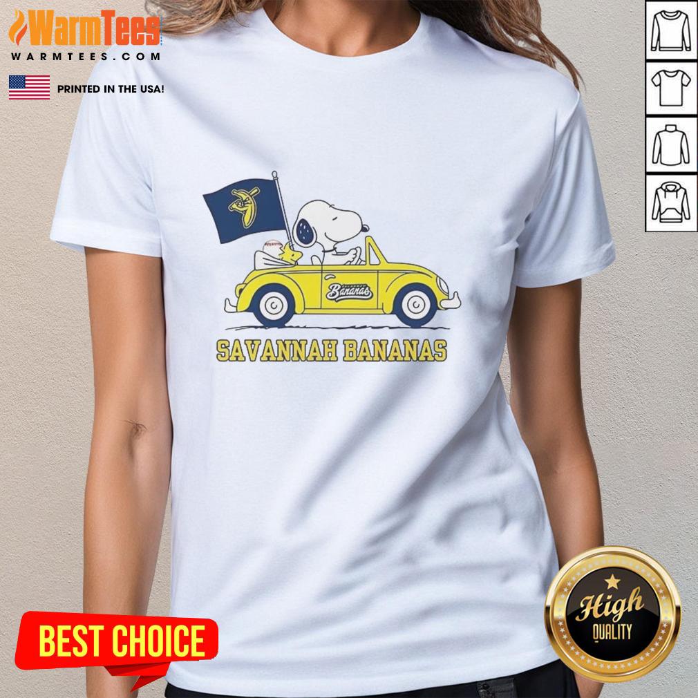 Premium Snoopy and Woodstock Peanuts x Savannah Bananas baseball lover ladies tee featuring vibrant graphics.