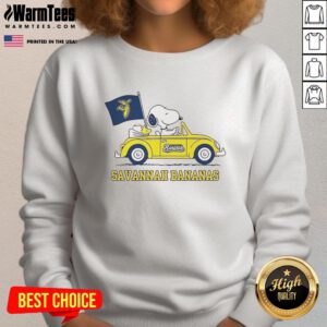 Premium Snoopy and Woodstock sweatshirt for baseball lovers, featuring Peanuts and Savannah Bananas graphics.