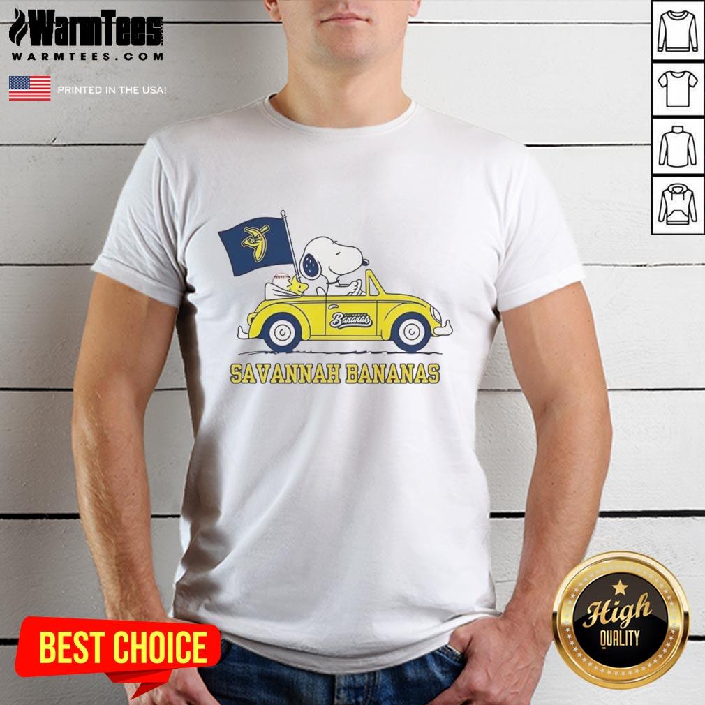 Alt Text: Premium Snoopy and Woodstock Peanuts X Savannah Bananas baseball lover t-shirt featuring vibrant graphics and playful design.